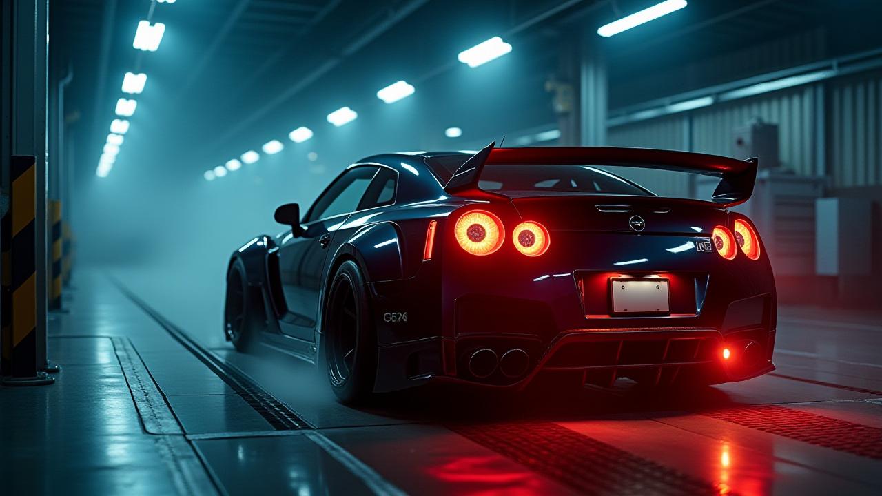 ダイノ上で回転するチューニングされた車の背景画像