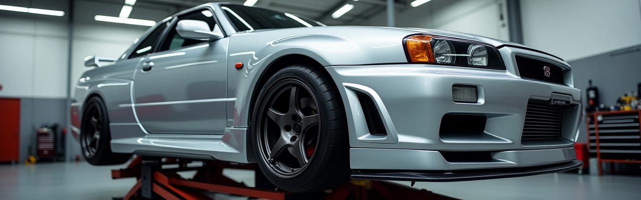 ワークショップのダイノ上でテスト中のシルバーの日産スカイラインR34 GT-R、サスペンションアップグレードを強調